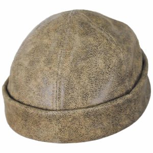 Six Panel Antique Leather Skull Cap Beanie Hat