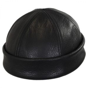 Six Panel Leather Skull Cap Beanie Hat